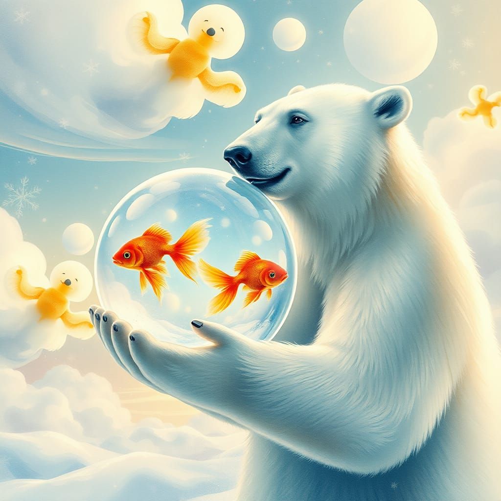 Polar Bear and Goldfish in Dreamy Watercolor Style