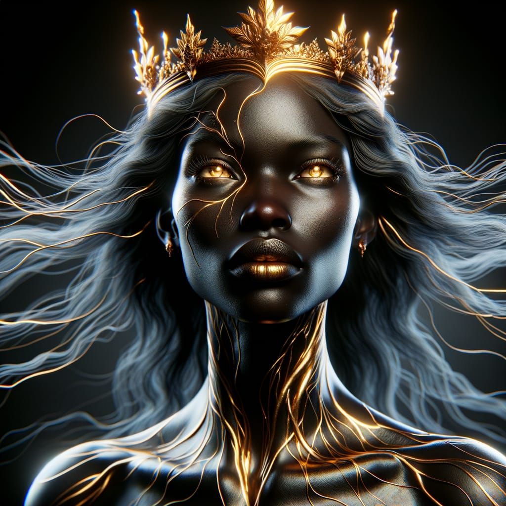 Regal Black Woman with Golden Crown: Ethereal Portrait