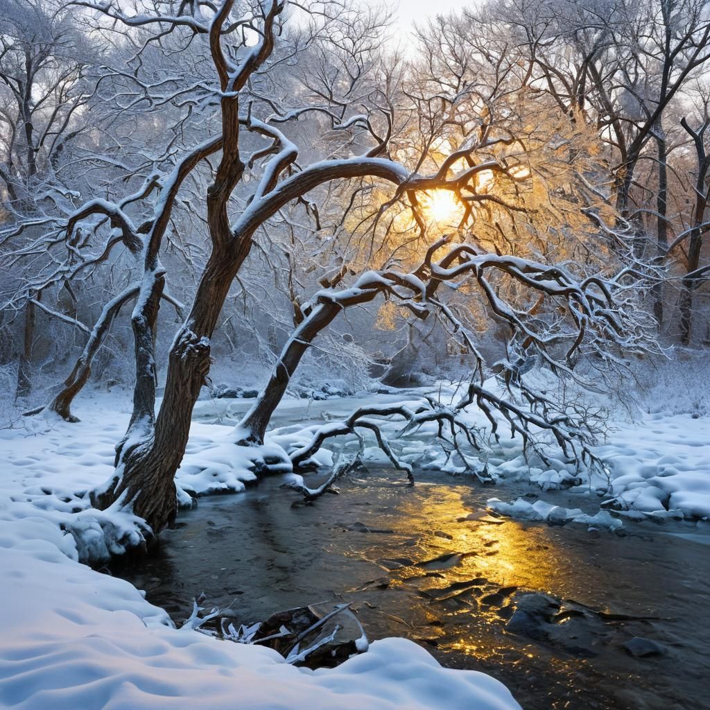Winter Landscape with Snow-laden Trees in Golden Light