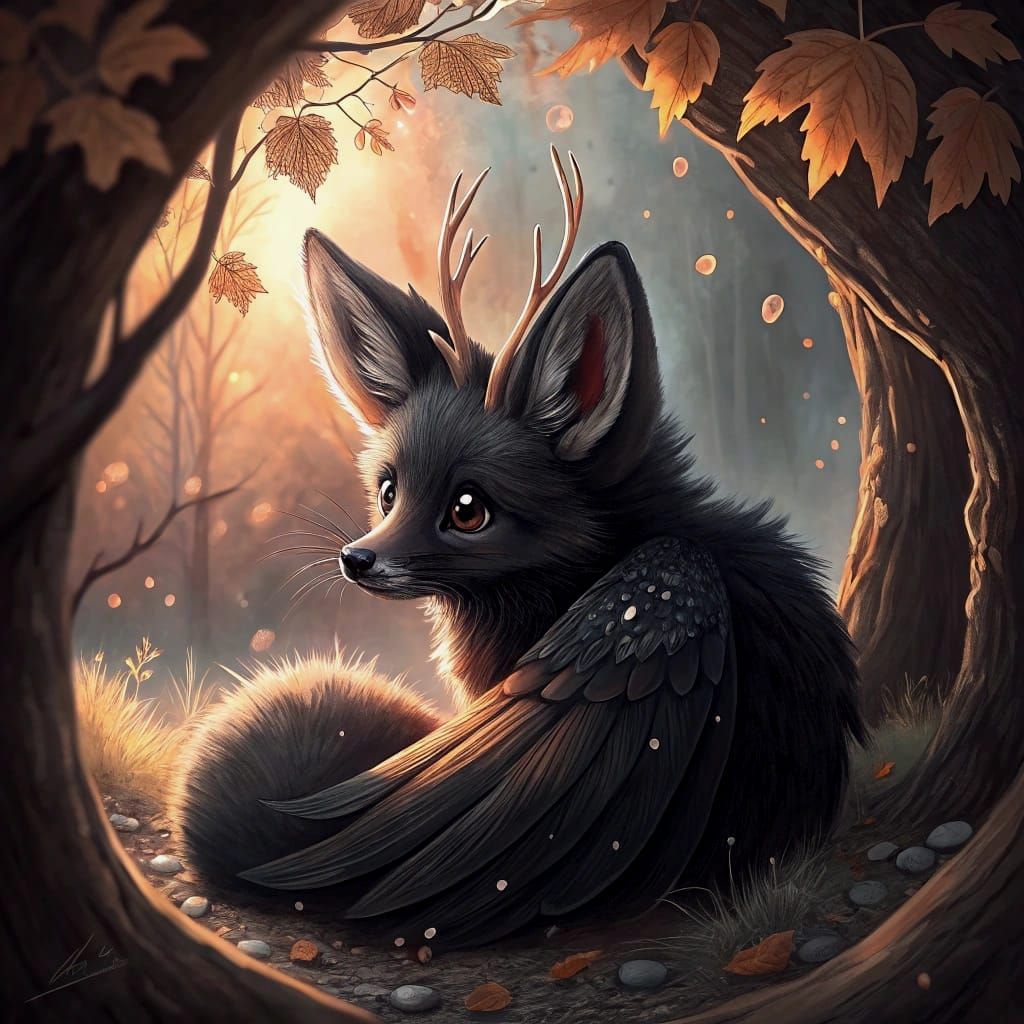 Fox with Raven Wings in Autumn Forest Den
