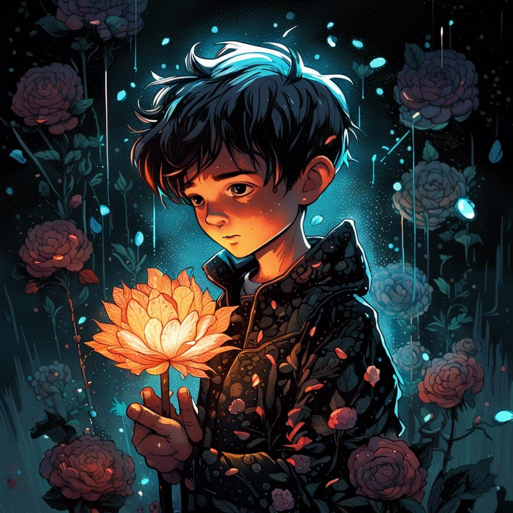 Boy with Glowing Flower in Detailed Digital Art