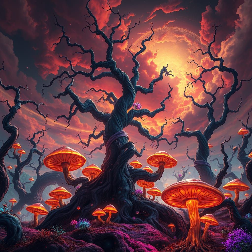 Dreamlike Fantasy Landscape with Glowing Mushrooms