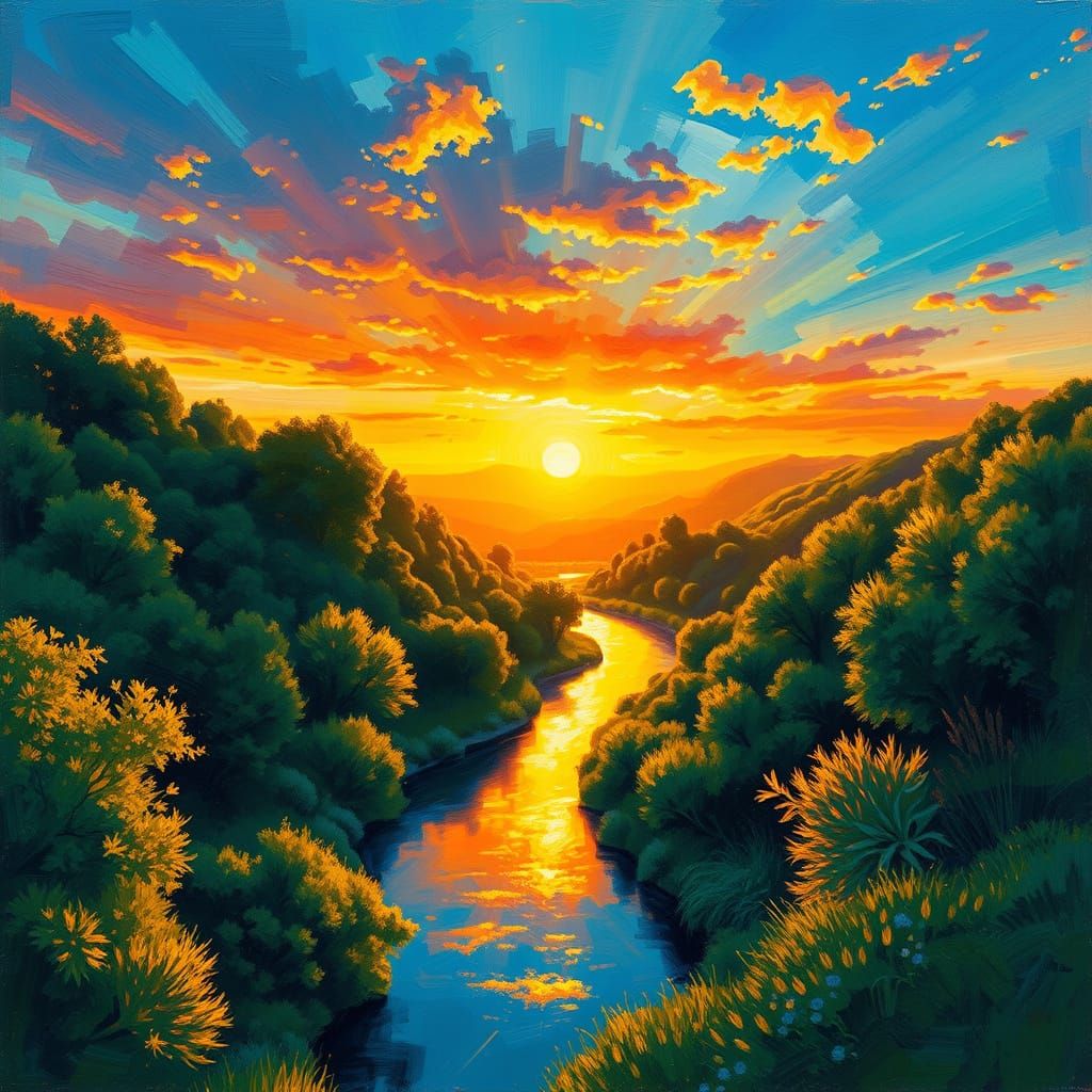 Dreamy Sunset River Valley in Impressionist Surrealism Style