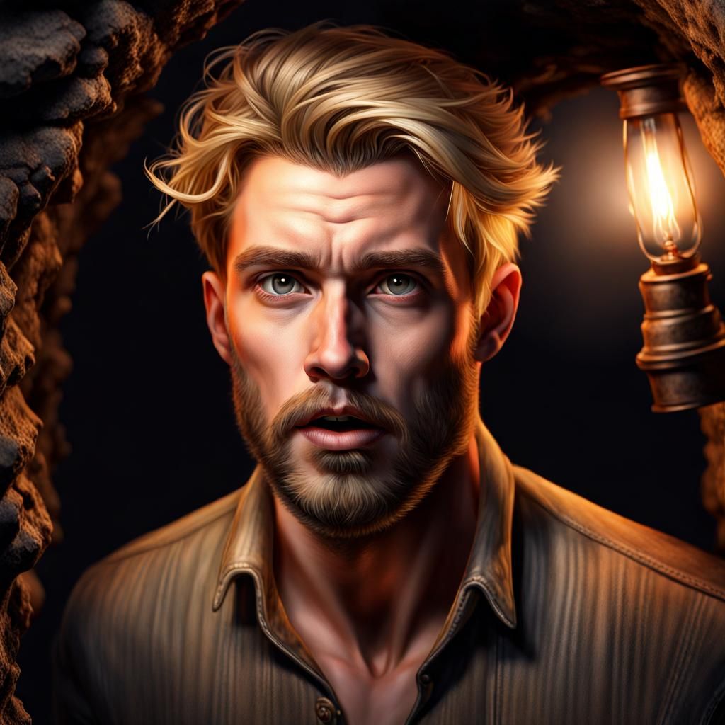 Photorealistic Portrait of Surprised Blond Man in Subterrane...