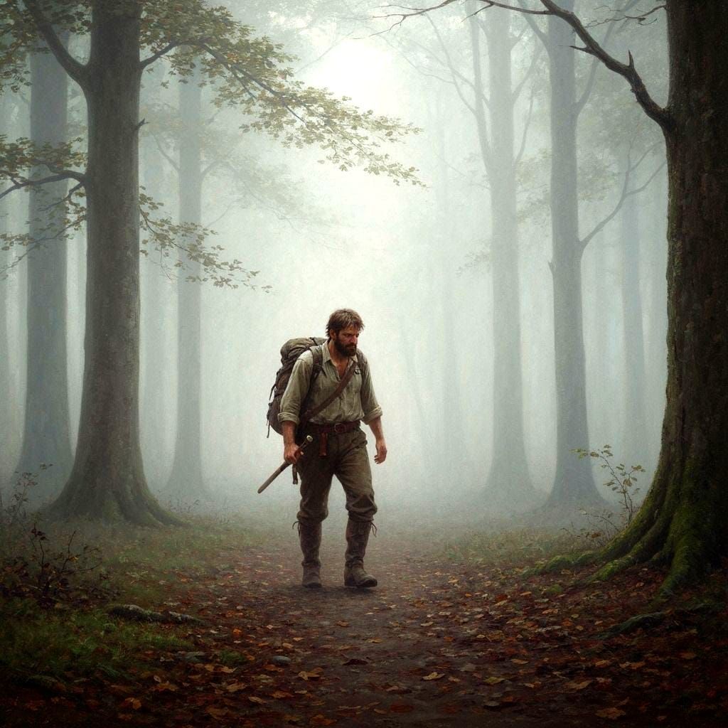 Traveler Lost in Misty Forest Painting