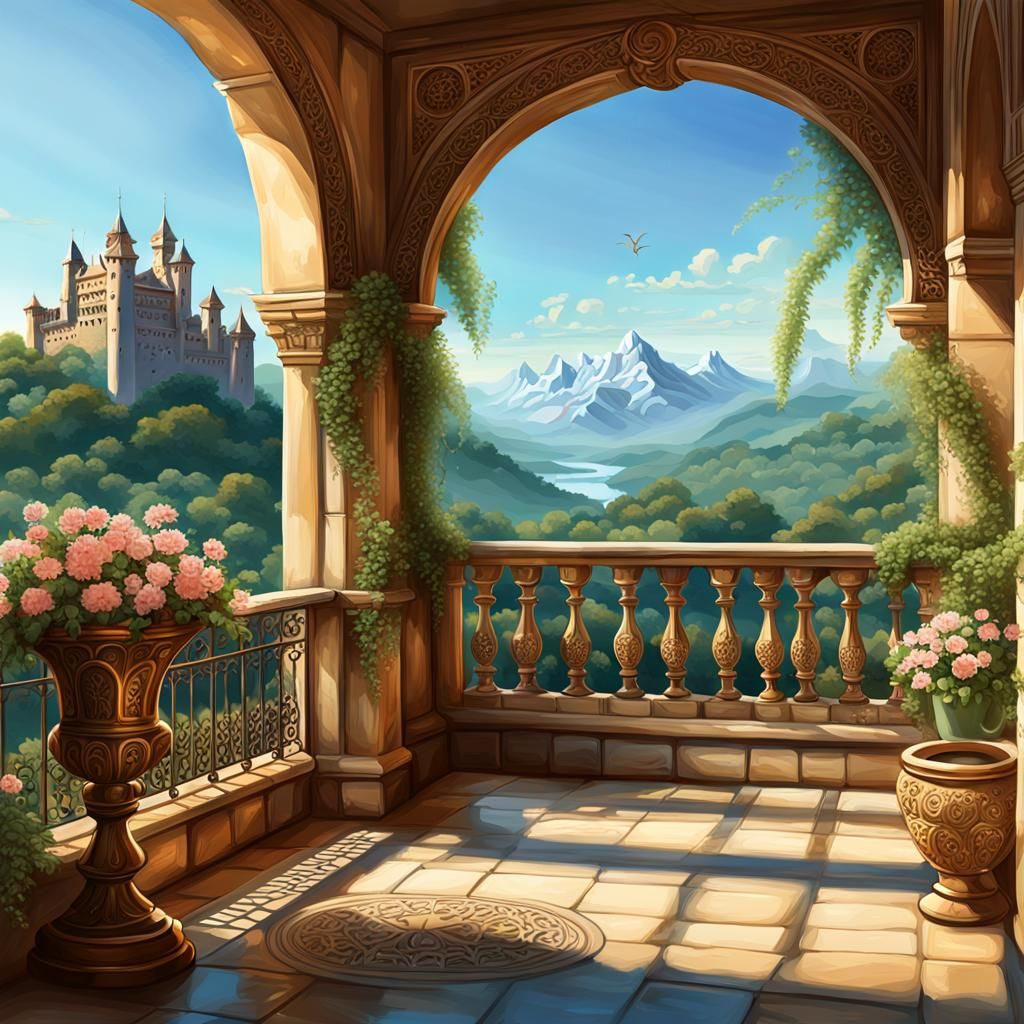 Balcony View of Distant Castle in Digital Painting