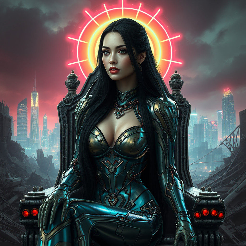 Cyberpunk Woman on Throne Amid Neon Lights