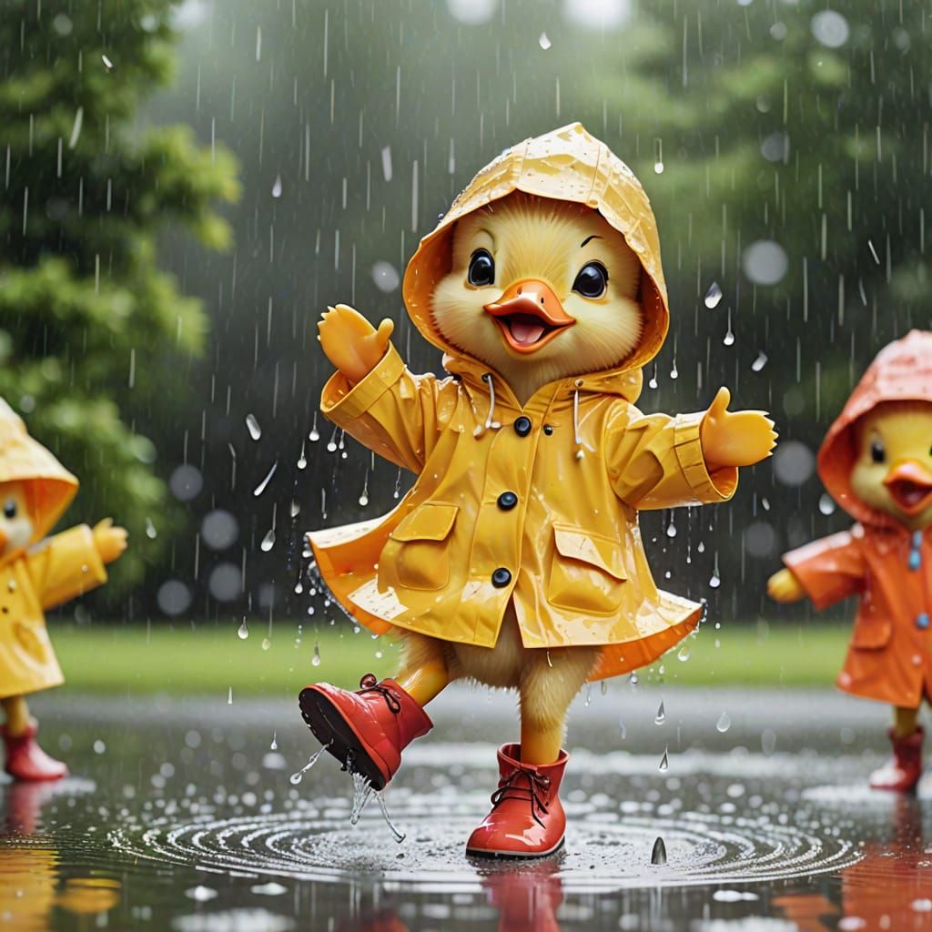 Cartoon Duckling's Happy Rain Dance