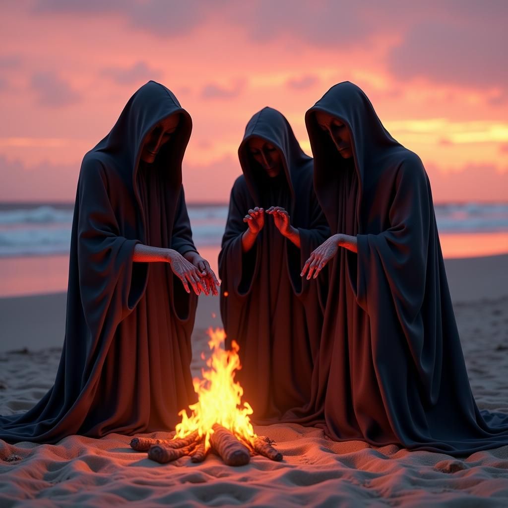 Demons Weeping by Bonfire on Pink Beach