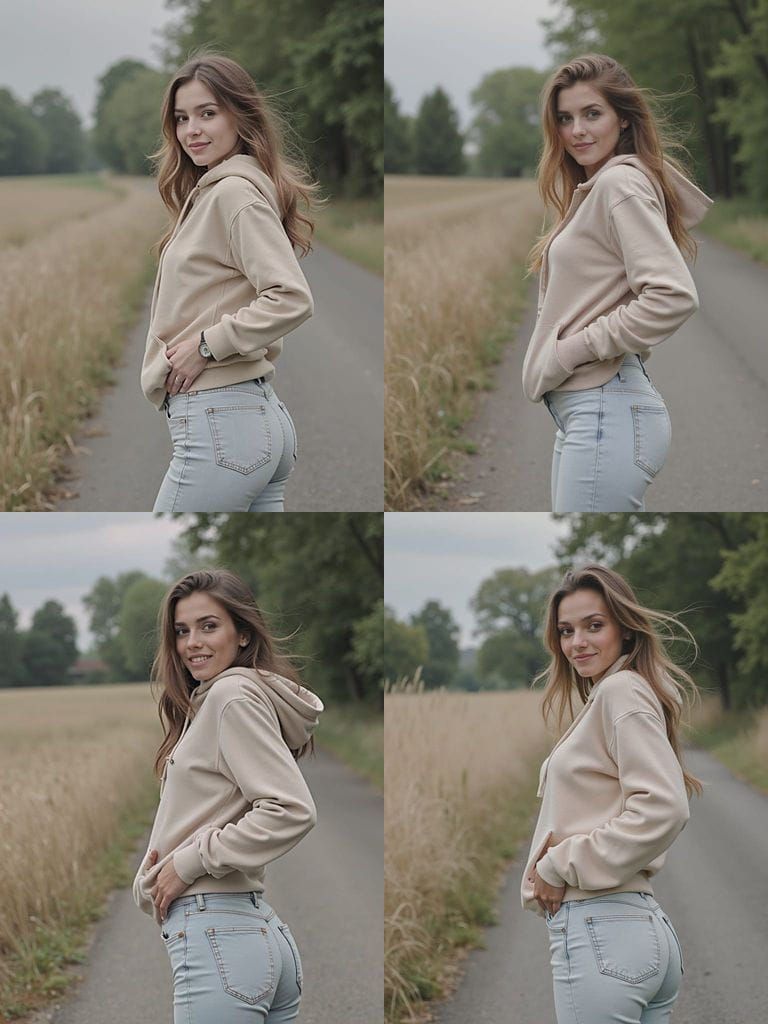 Woman Smiling on Country Road in Gentle Breeze