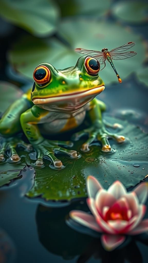 Surprised Frog with Dragonfly in Alcohol Ink Style