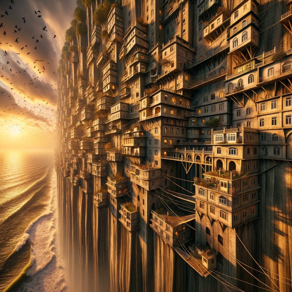 Vertical Cliff City in Golden Sunset Light
