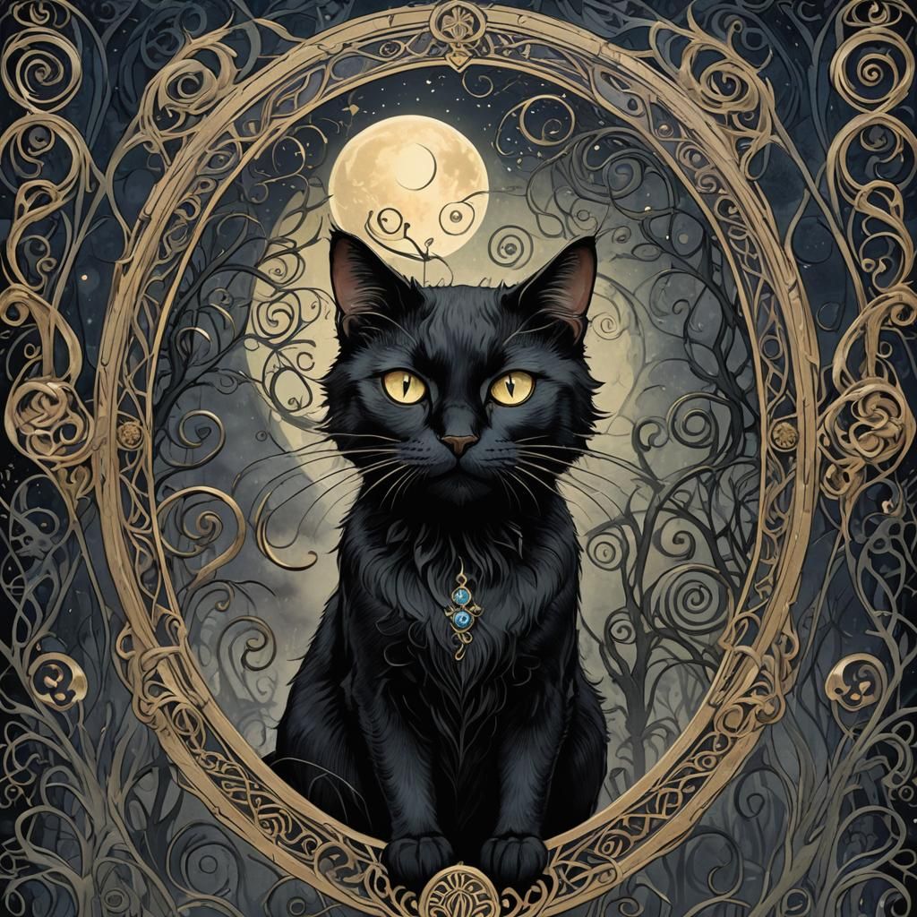 Mystical Black Cat with Piercing Eyes in Art Nouveau Style