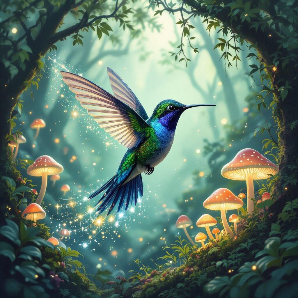 Bioluminescent Hummingbird in Glowing Mushroom Grove
