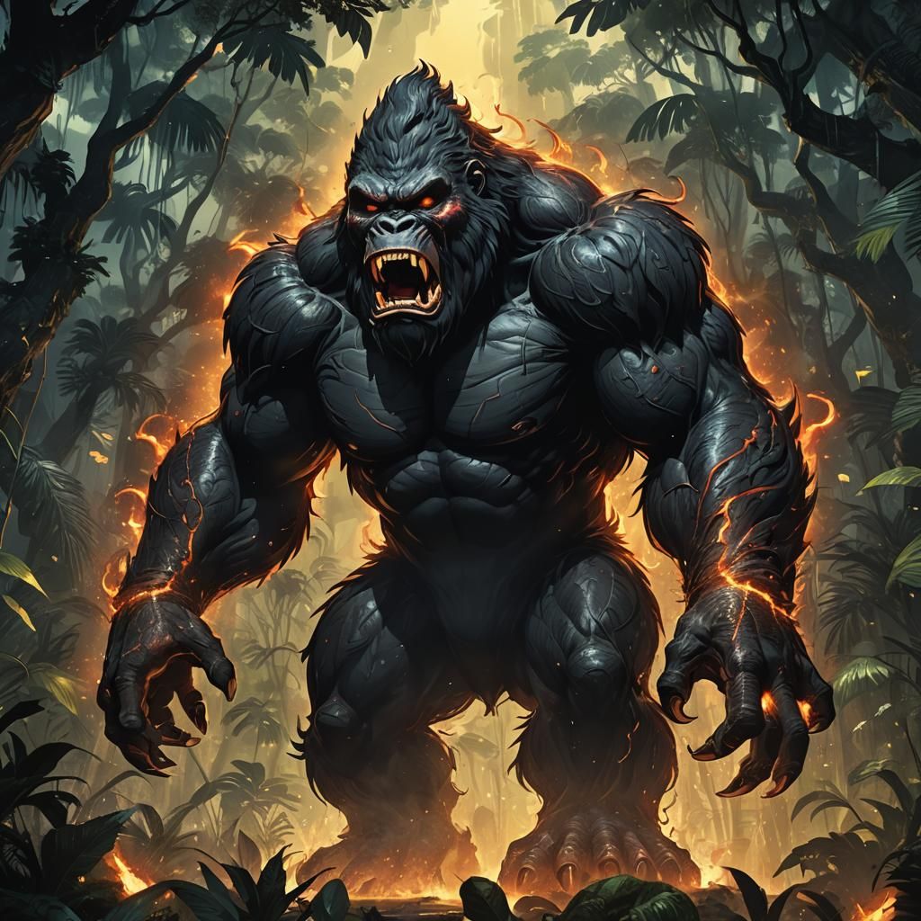 Demonic King Kong Roaring in Misty Jungle, Anime Style