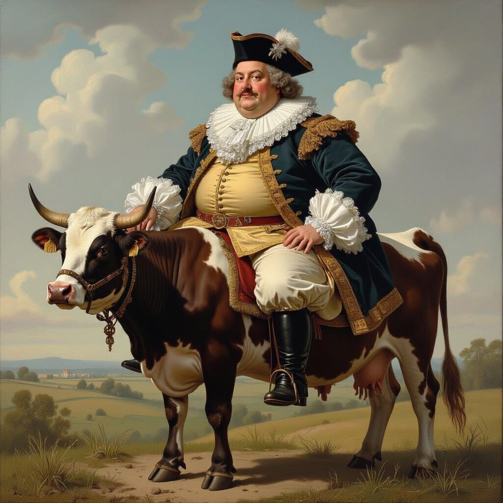 Satirical Louis XIV Atop a Cow, as Oil Painting