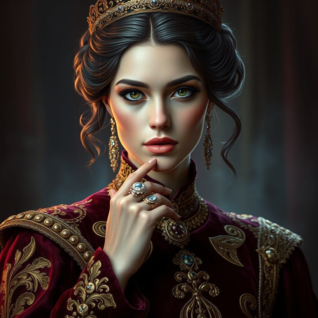 Regal Woman in Velvet Royal Attire with Diamond Ring
