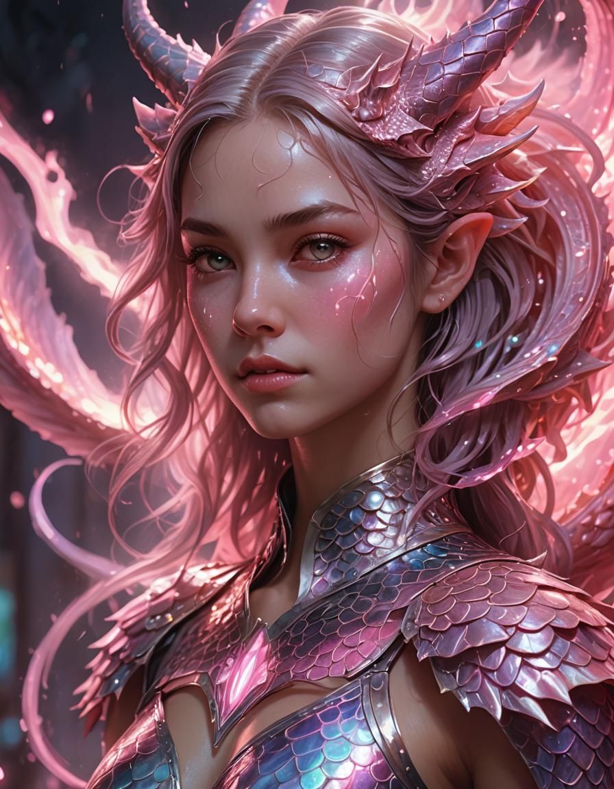 Pastel Dragon Girl Portrait with Neon Lights