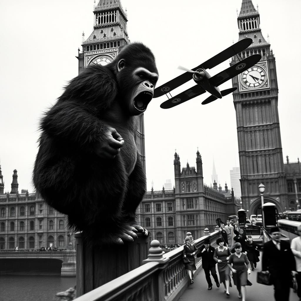 Gritty 1955 King Kong Climbs Big Ben in Vintage Black and Wh...