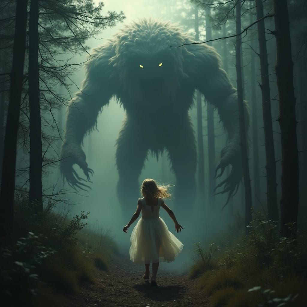 Girl Fleeing Monster in Dark, Gothic Forest
