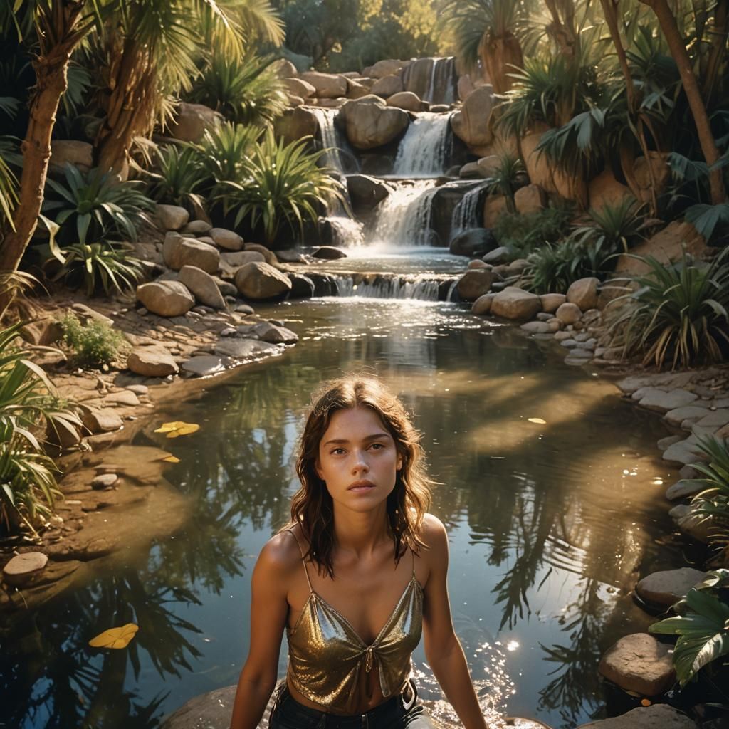 Woman in Oasis at Sunset: Cinematic Film Still
