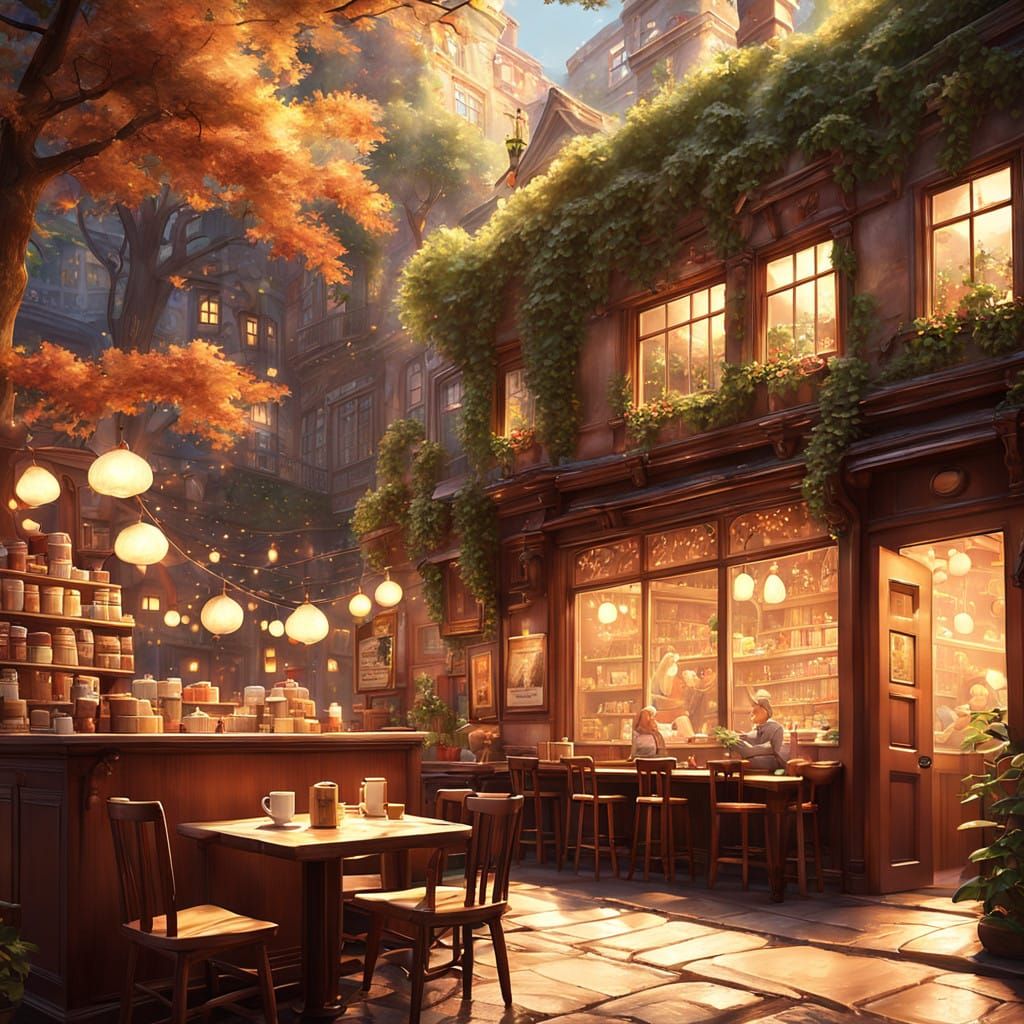 Whimsical Coffee Shop Scene in a Fantastical Evening Atmosph...