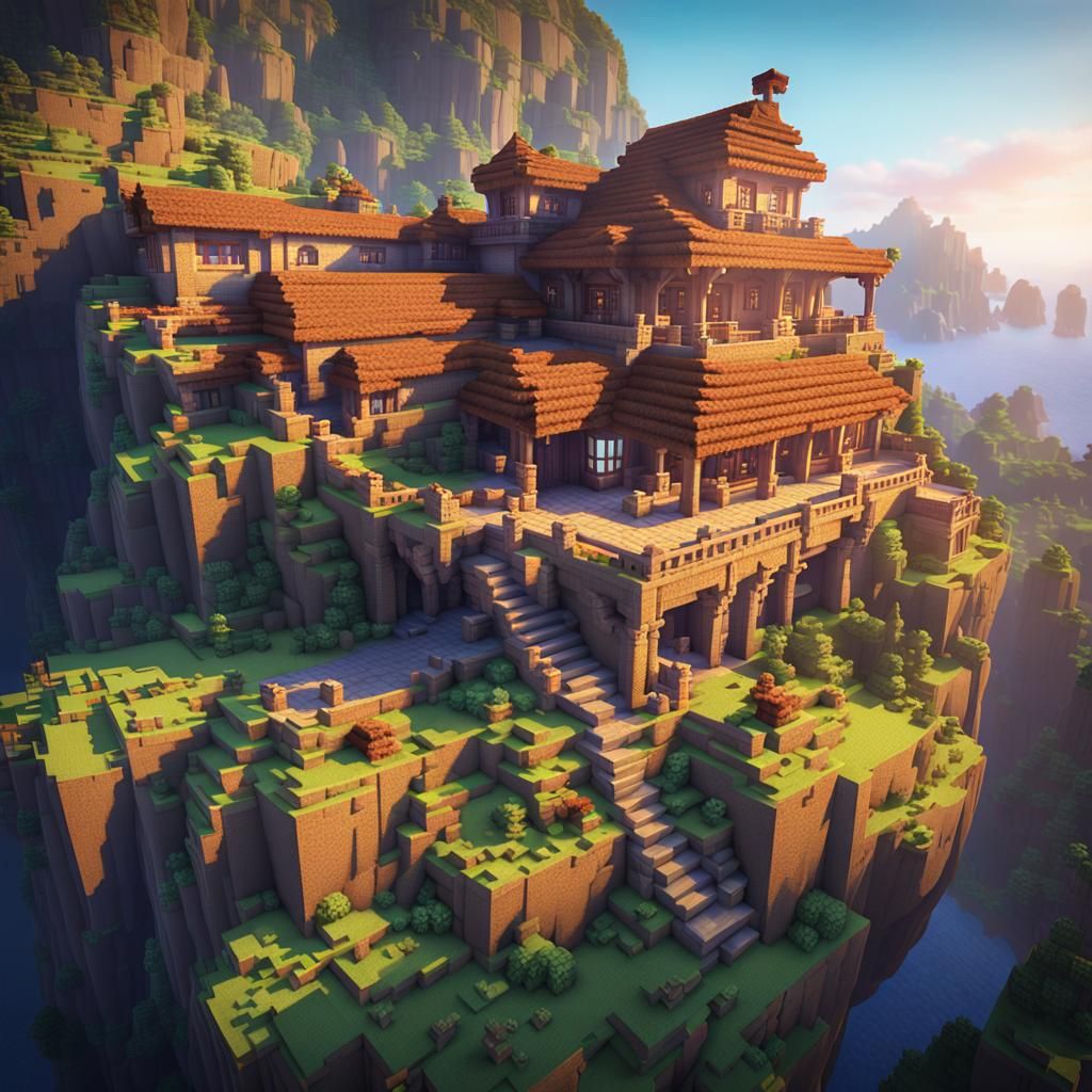Majestic Minecraft House in Mountain, Anime 3D Art