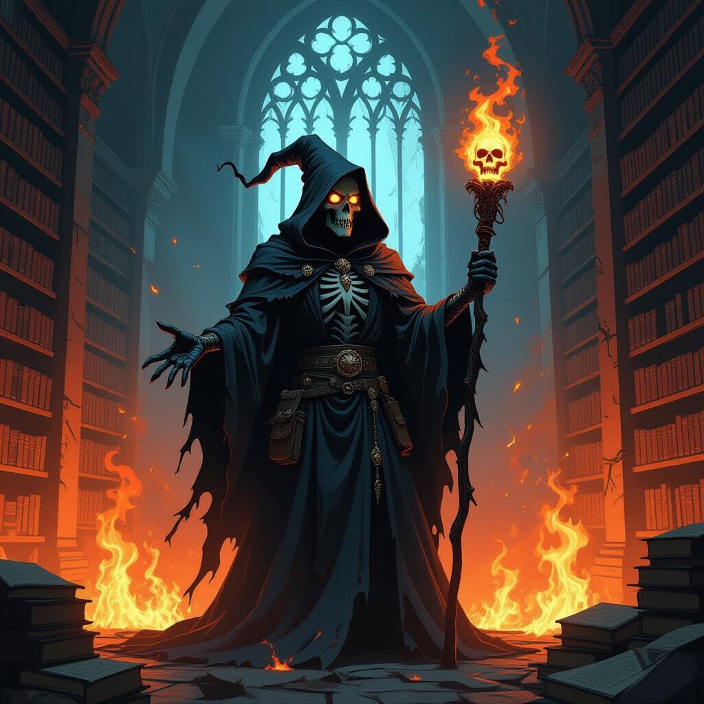 Literary Lich Amidst Burning Library in Dark Fantasy Style