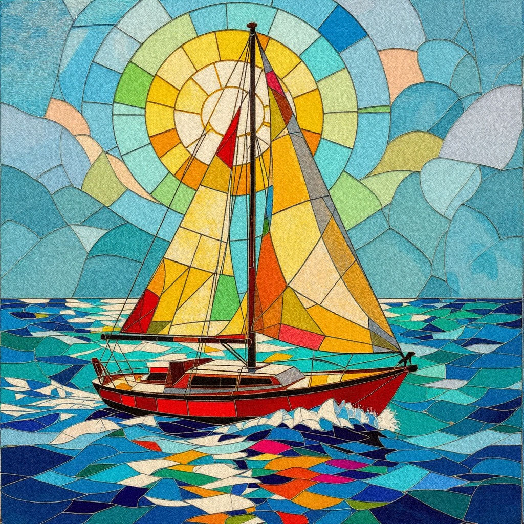 Sailboat Mosaic Art Rendered in Colorful Sea Glass