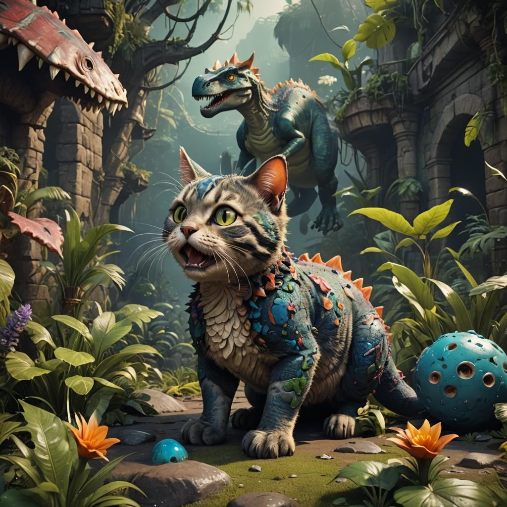 Cute Cat in Dino Costume: Detailed Matte Painting