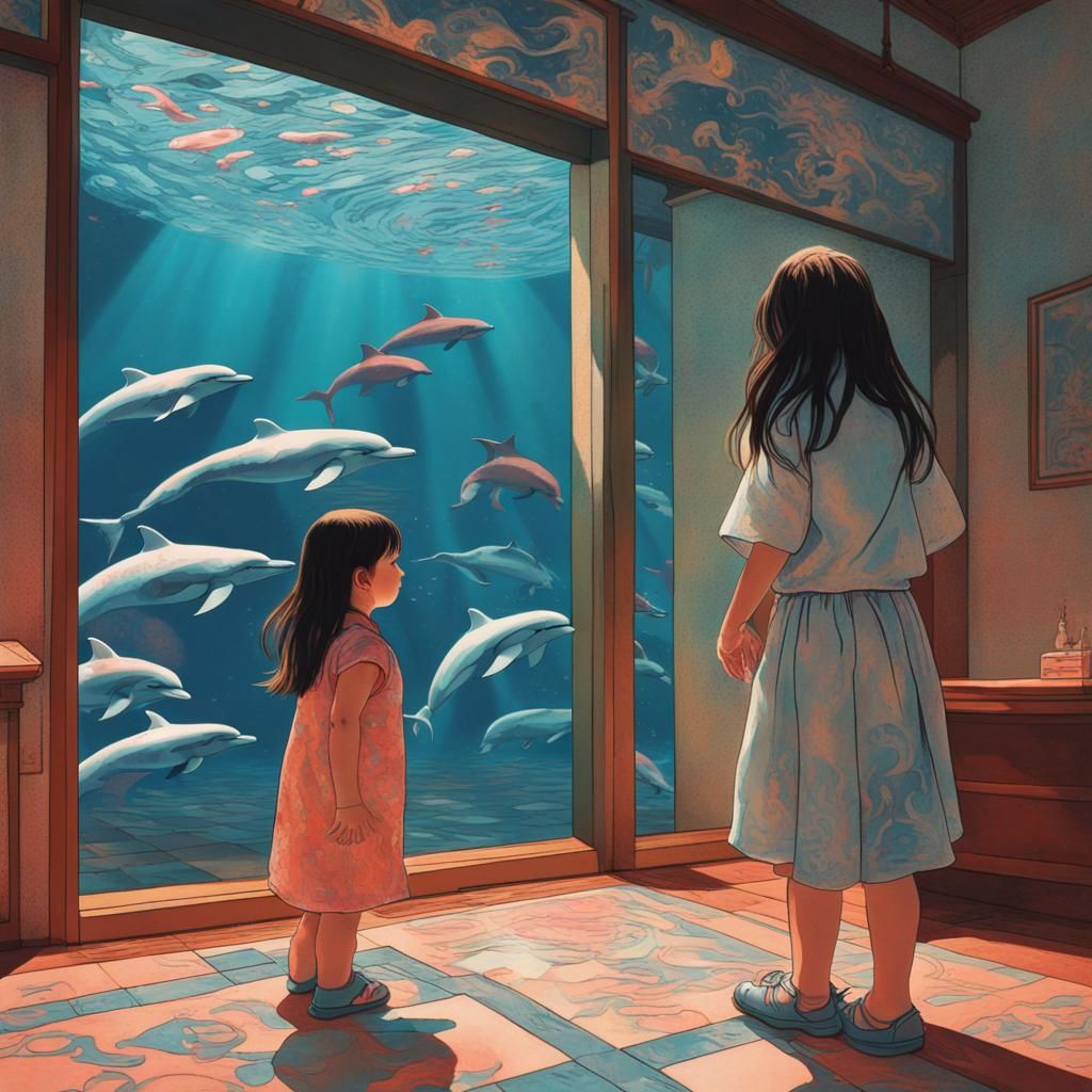Girl Mesmerized by Hologram Dolphins in Ukiyo-e Style