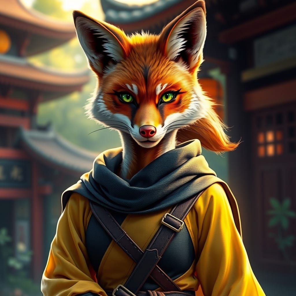 Ninja Fox Girl in Hyperrealistic Mid-Shot