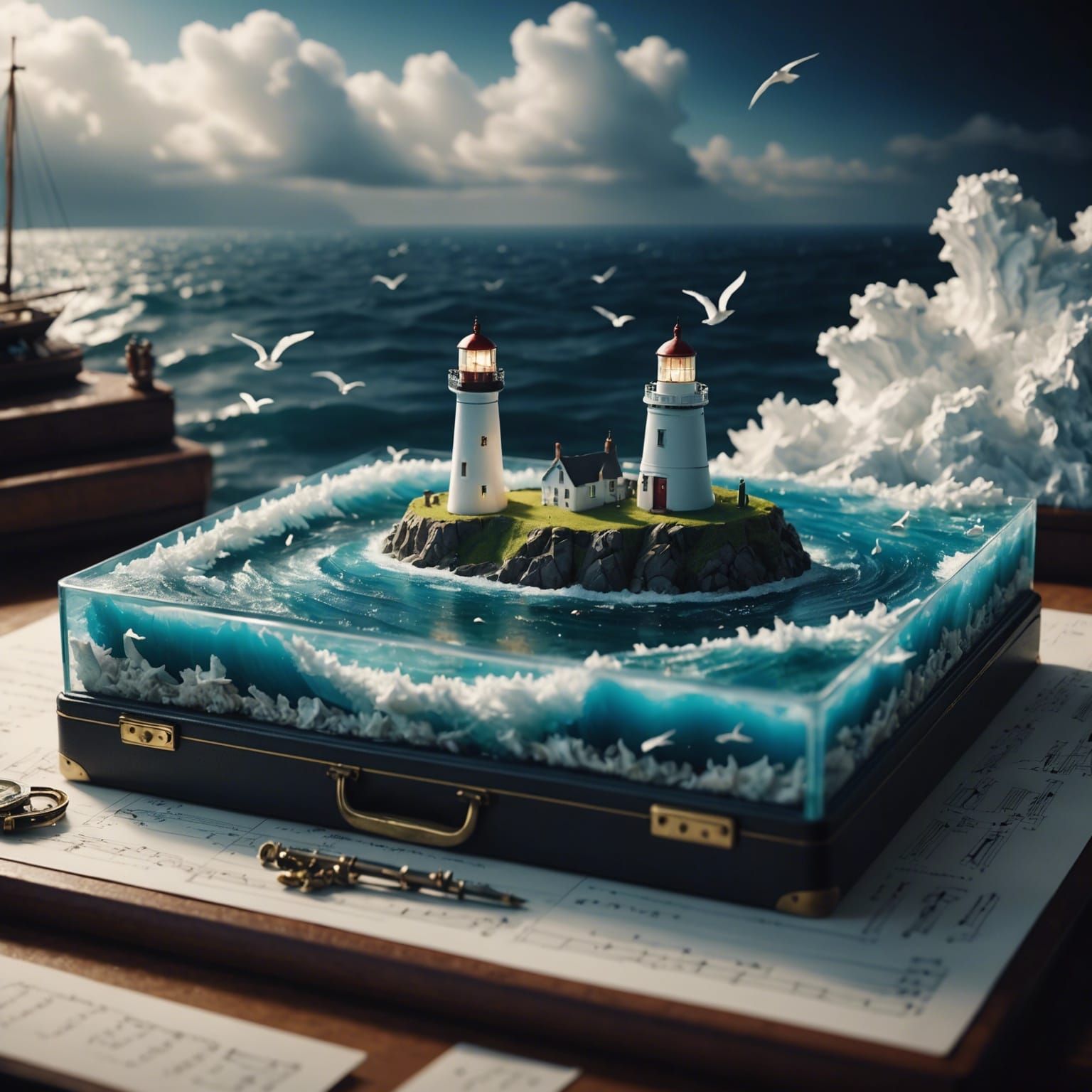 Miniature Ocean Inside Record Player, Mixed Media