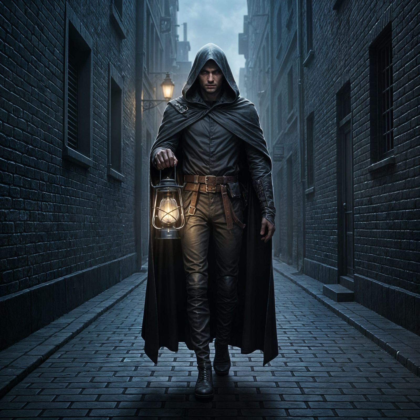 Cloaked Figure with Lantern in Dark Alleyway