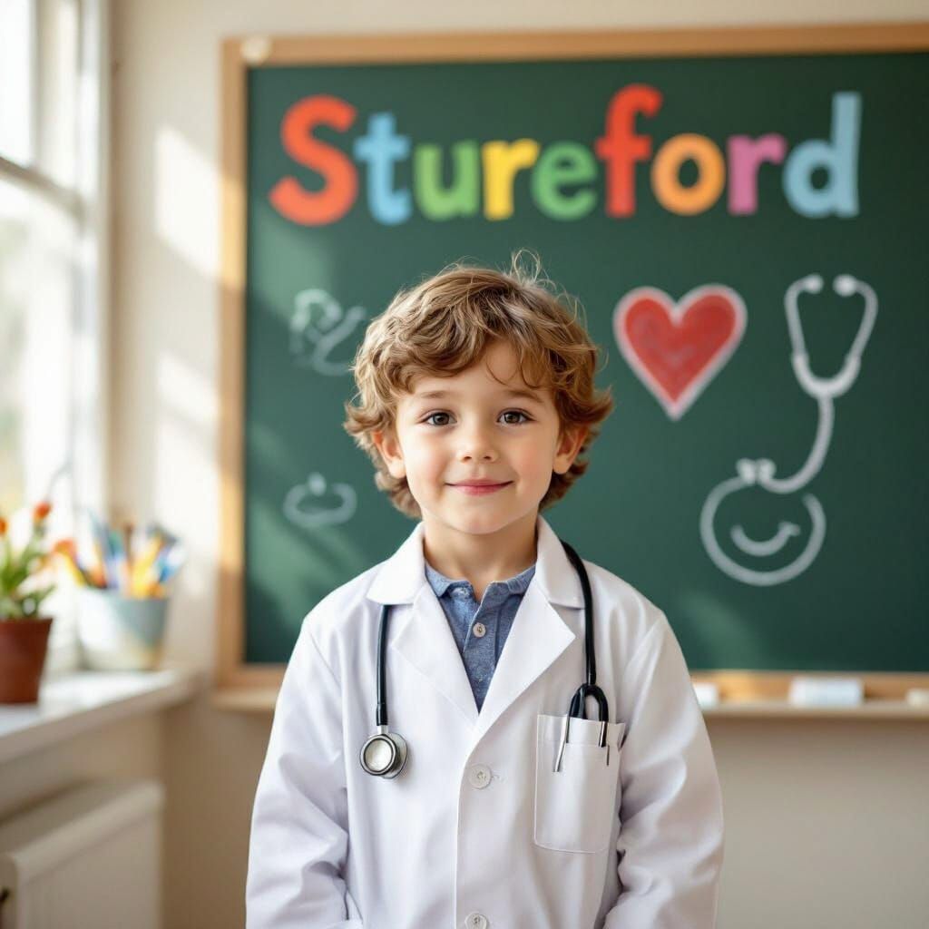 Young Boy in Doctor's Coat Smiles in Classroom