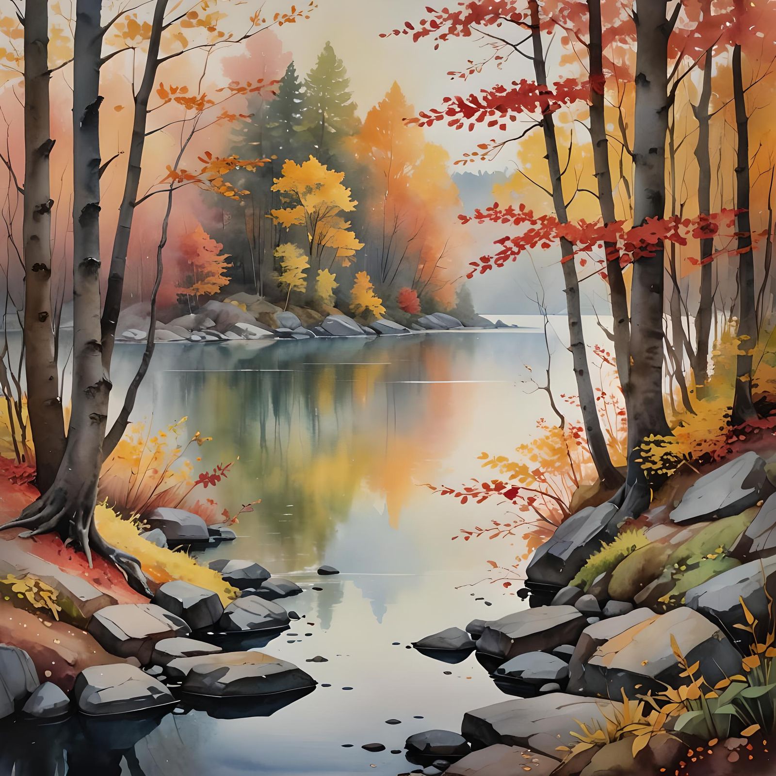 Peaceful Autumn Forest Scene with Misty Lake