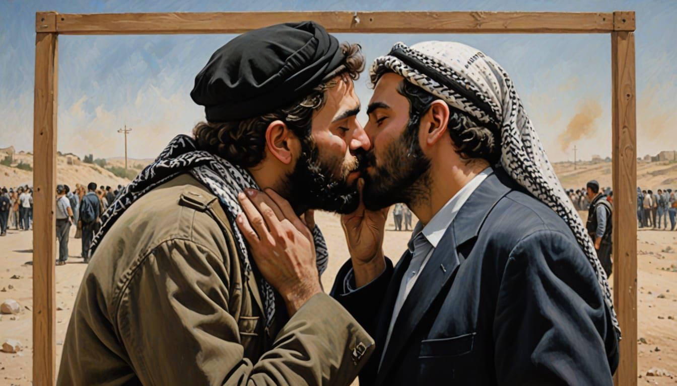 Painting of Jew and Palestinian Kissing at Border