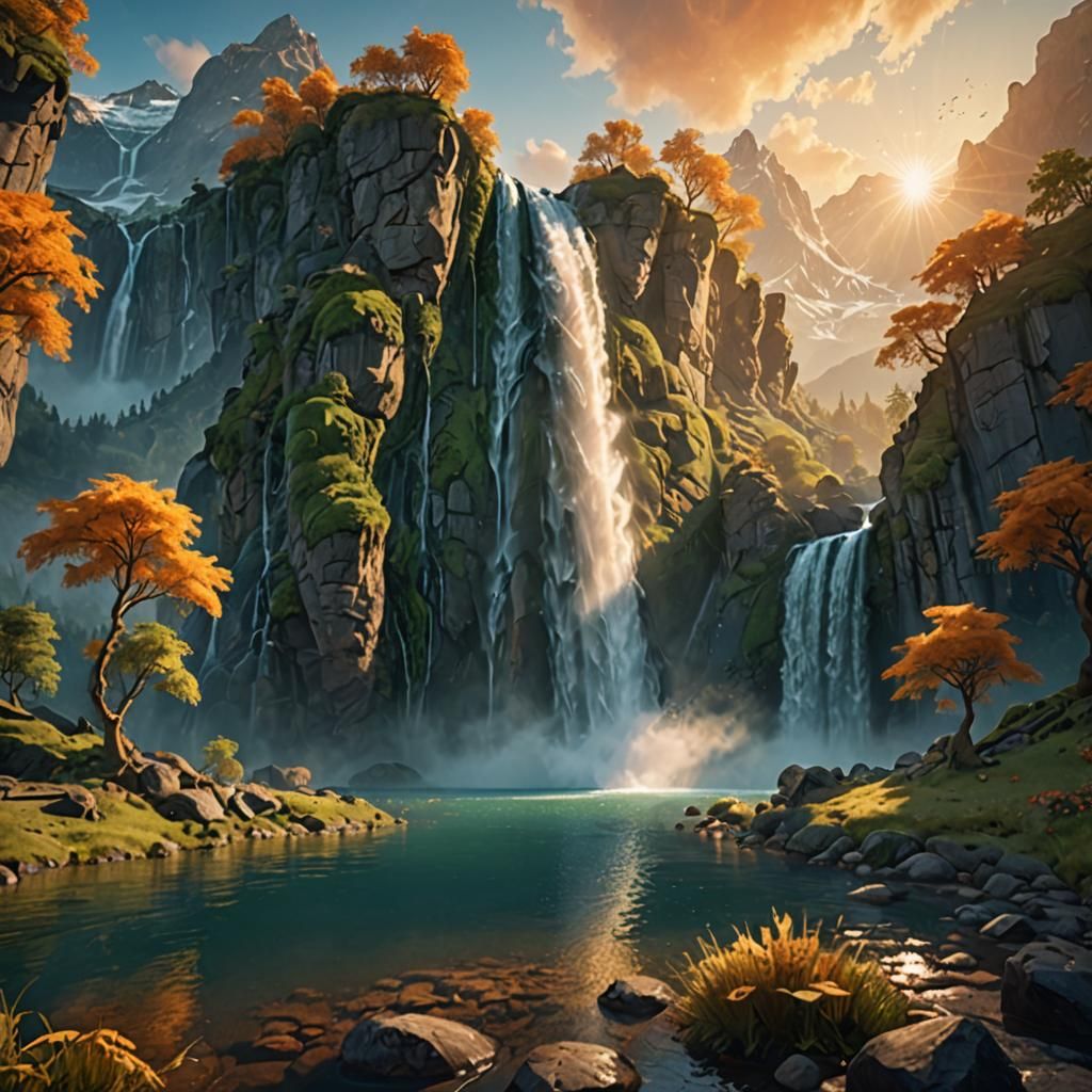 Majestic Waterfall Scene at Sunset in Fantasy Style