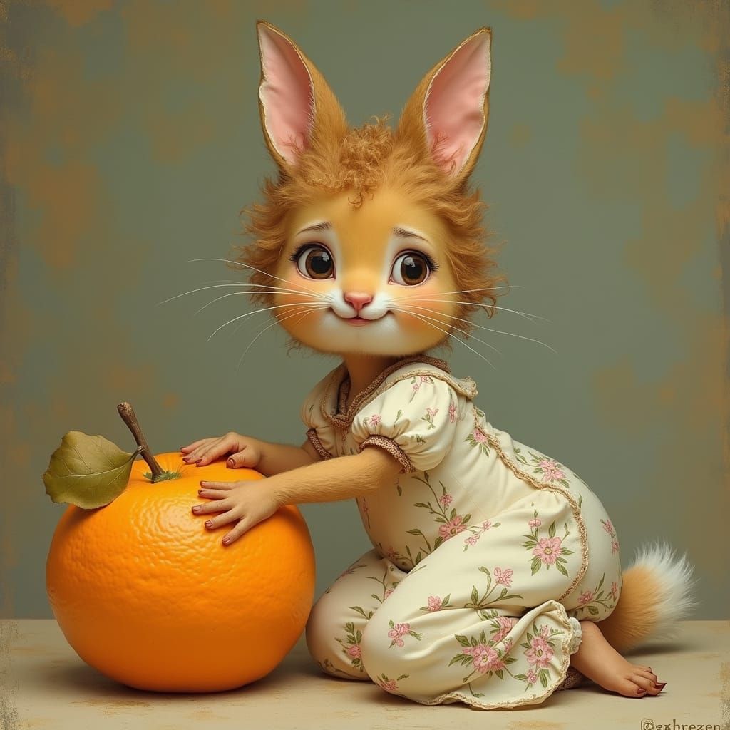 Joyful European Girl Sits on a Half-Eaten Orange