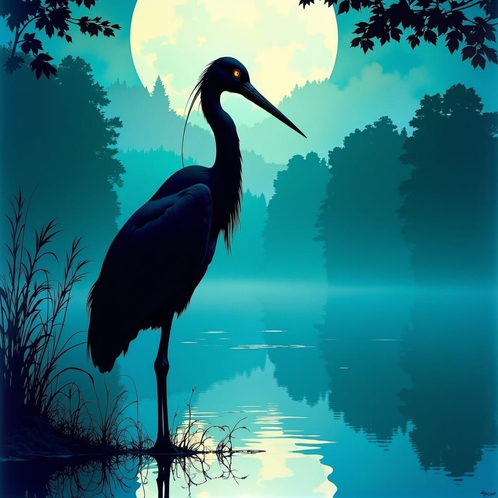 Monochrome Stork Silhouette in Turquoise Art Nouveau Style