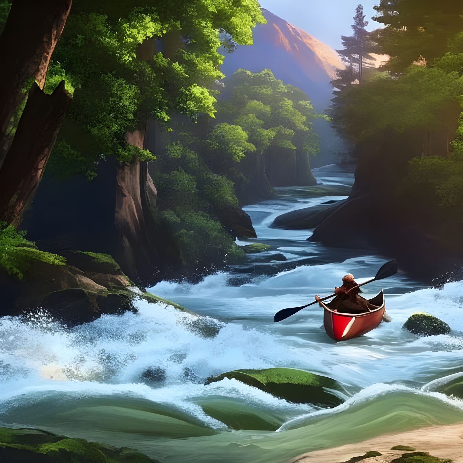 Canoe on Rapid River in Forest Setting