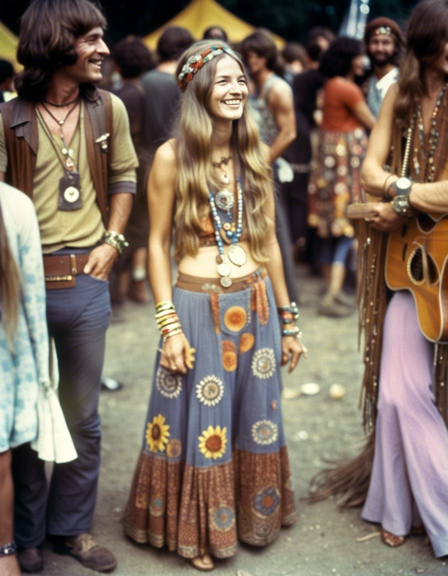 Smiling Hippie at Woodstock Festival in Aged Photo