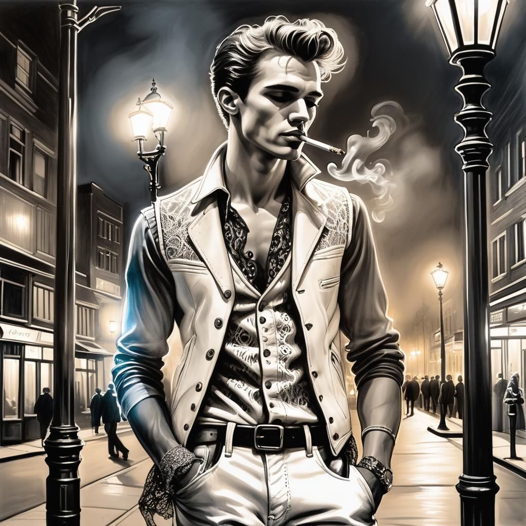 1950s Man Smoking: Pen and Ink Charcoal Sketch