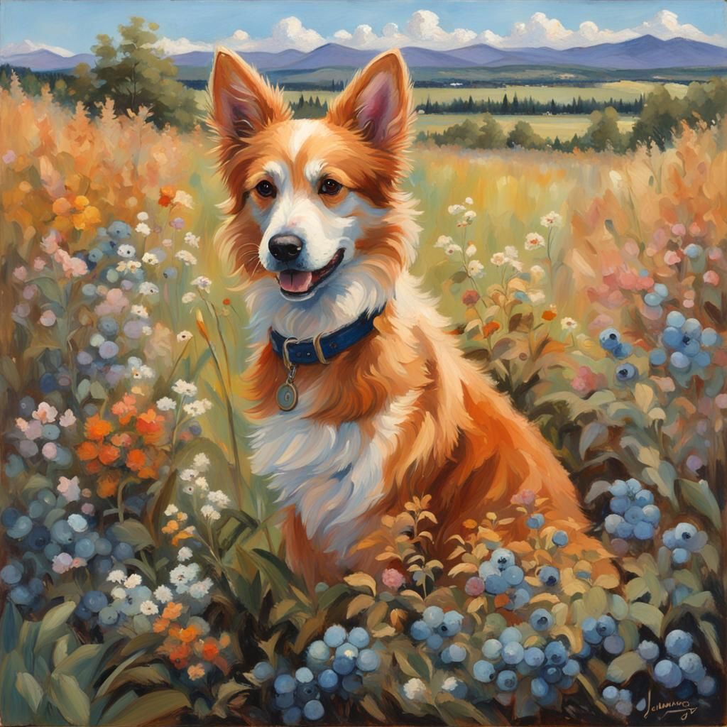 Fluffy Dog in Field of Flowers as Oil Painting