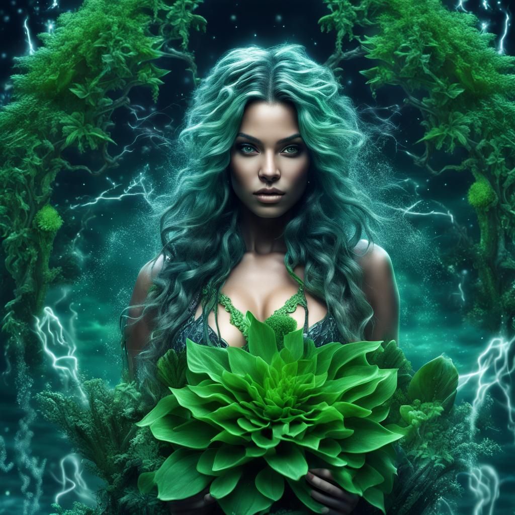 Aquarius Witch with Green Plants, Hyperrealistic Art