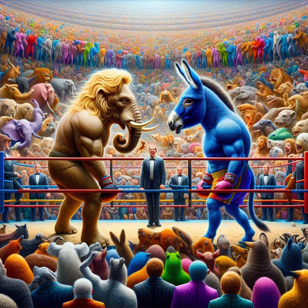 Elephant and Donkey Boxing Match in Hyperrealism