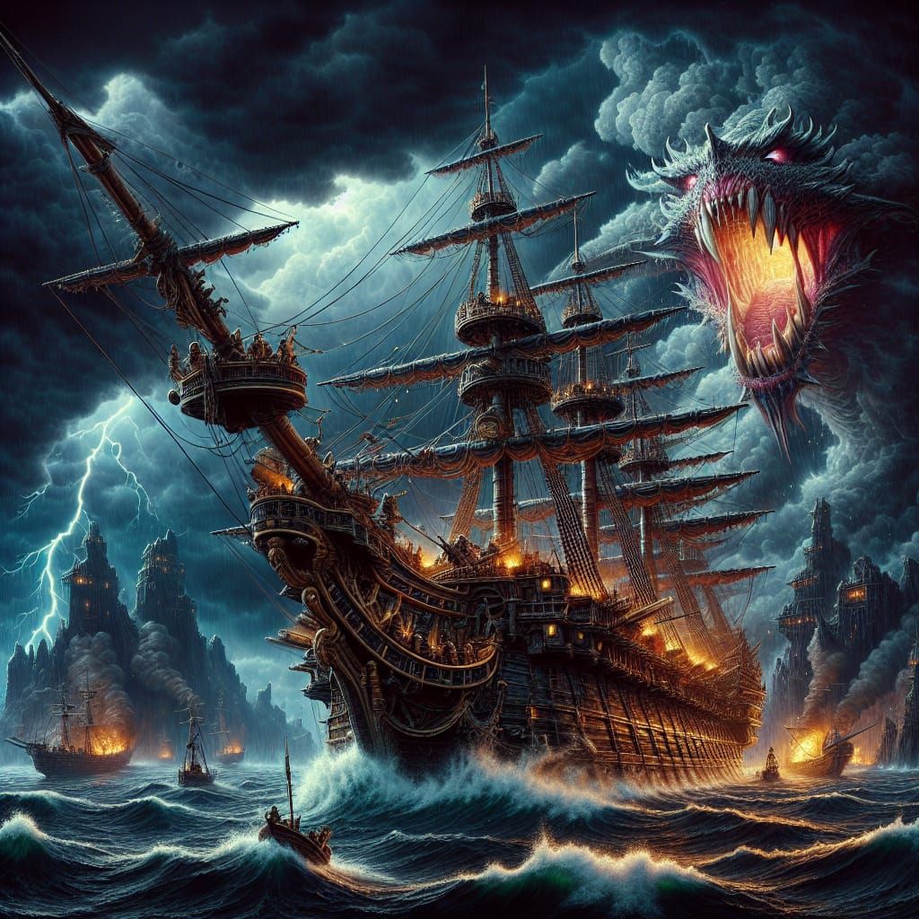 Warship Attacked by Sea Monster in Stormy Fantasy Art
