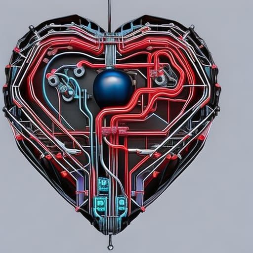 Hyperrealistic 3D Cybernetic Heart with Neon Transistors