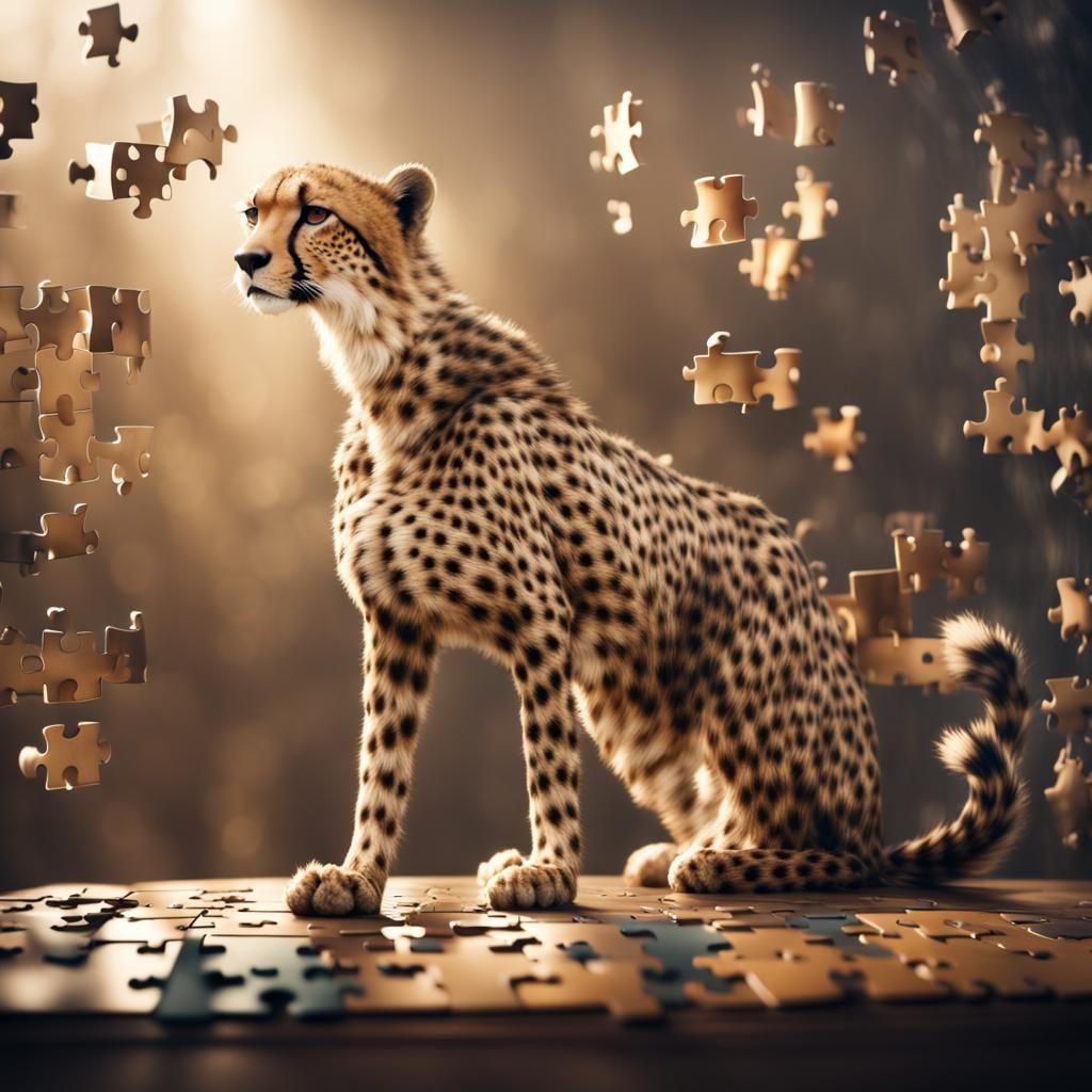 Epic Digital Puzzle Landscape with Cheetah