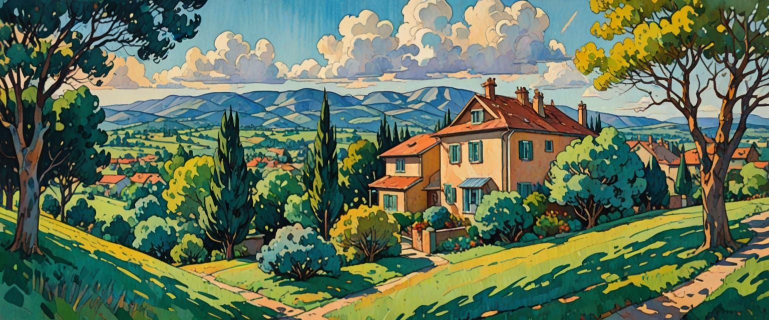 Retro Comic Houses Under Vast Sky in Watercolor Style